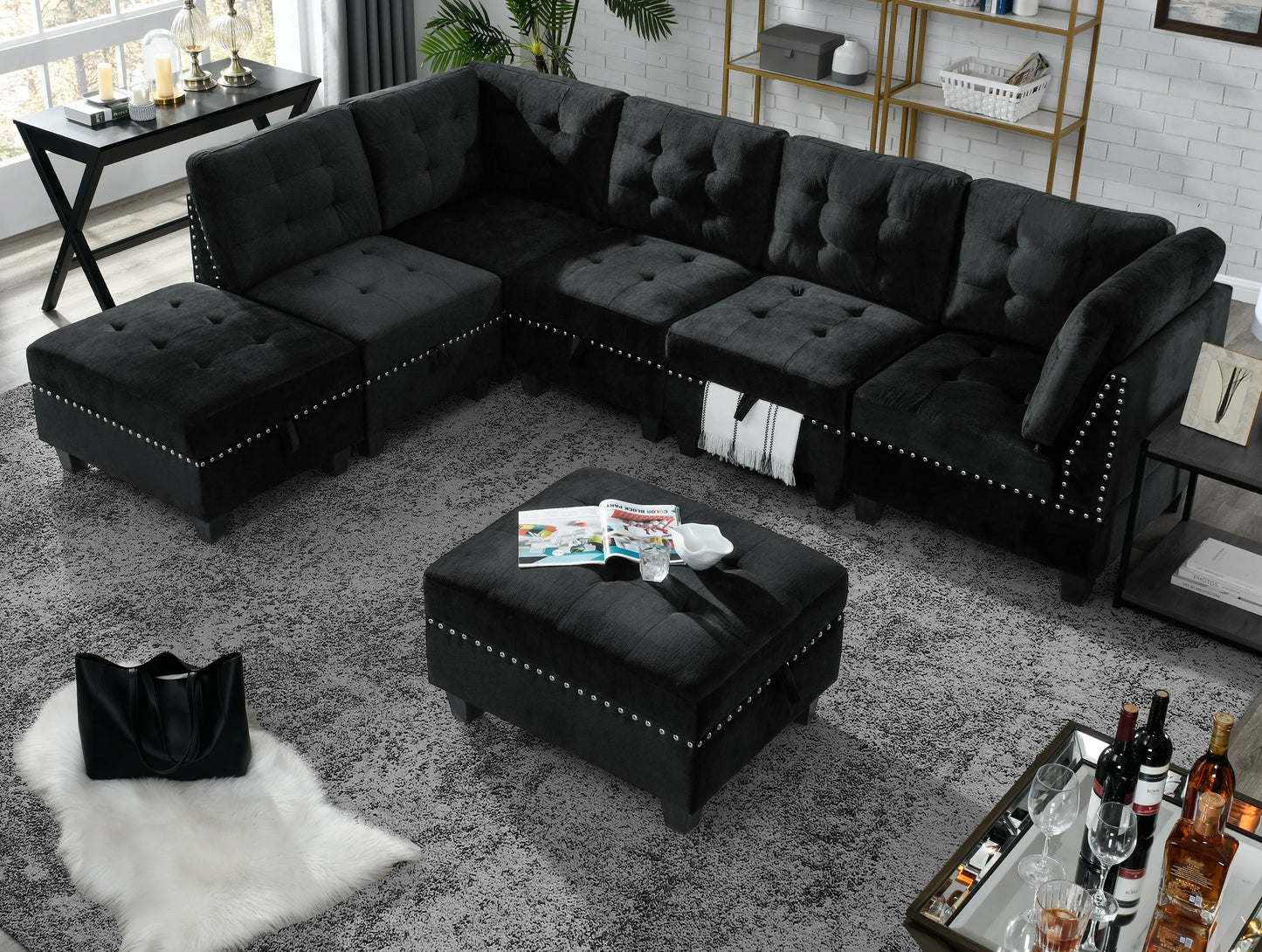 L shape Modular Sectional Sofa,DIY Combination，Black Velvet