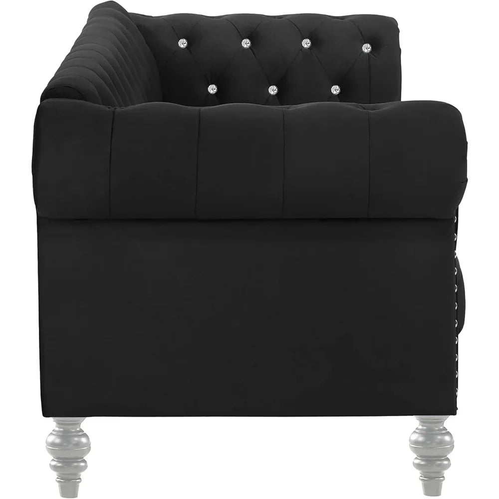 Velvet Three Seater Chesterfield Style Sofa for Small Spaces with Crystal Button Tufts, Black