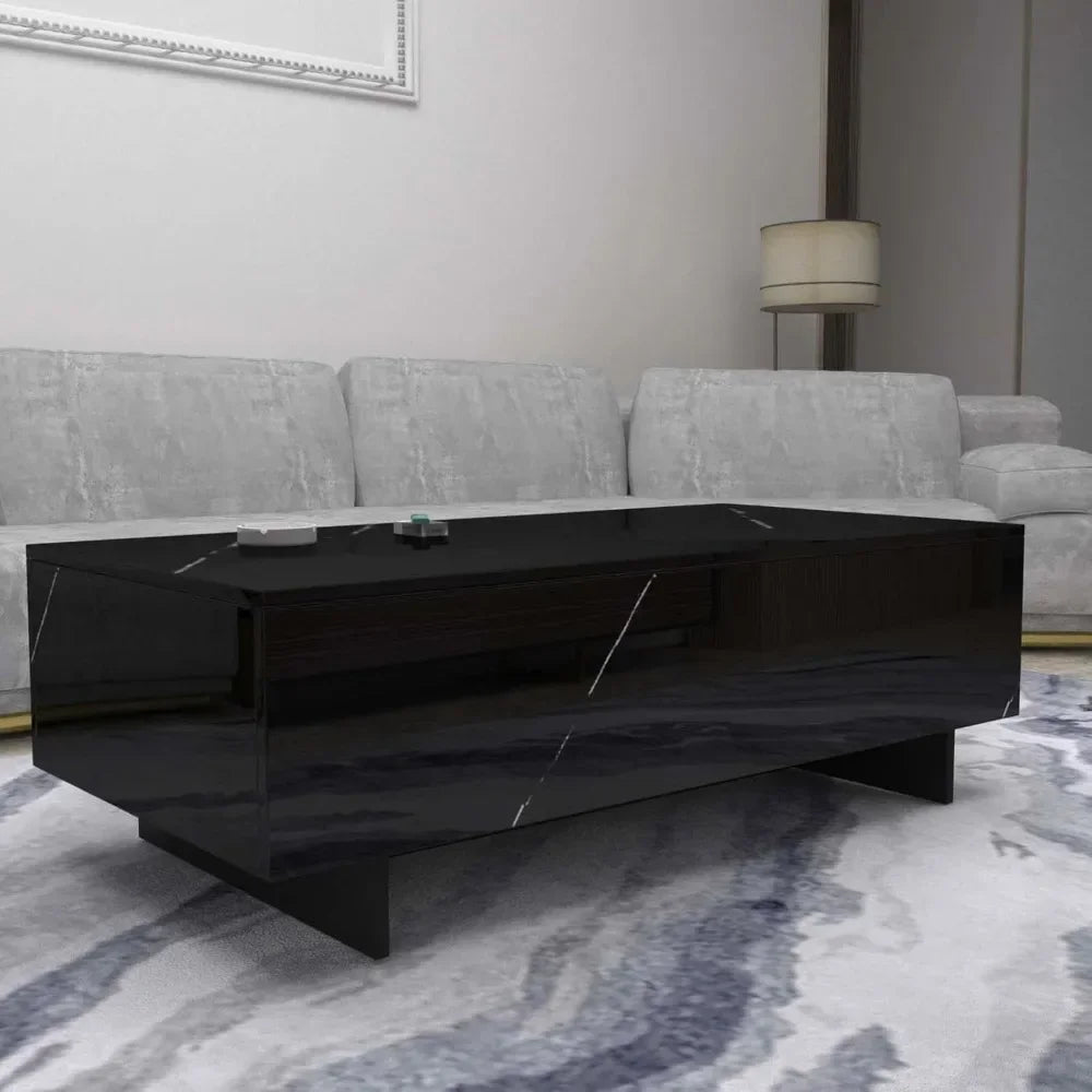 Marble rectangular living room coffee table, black modern side table, modern high gloss elegant waiting area central table