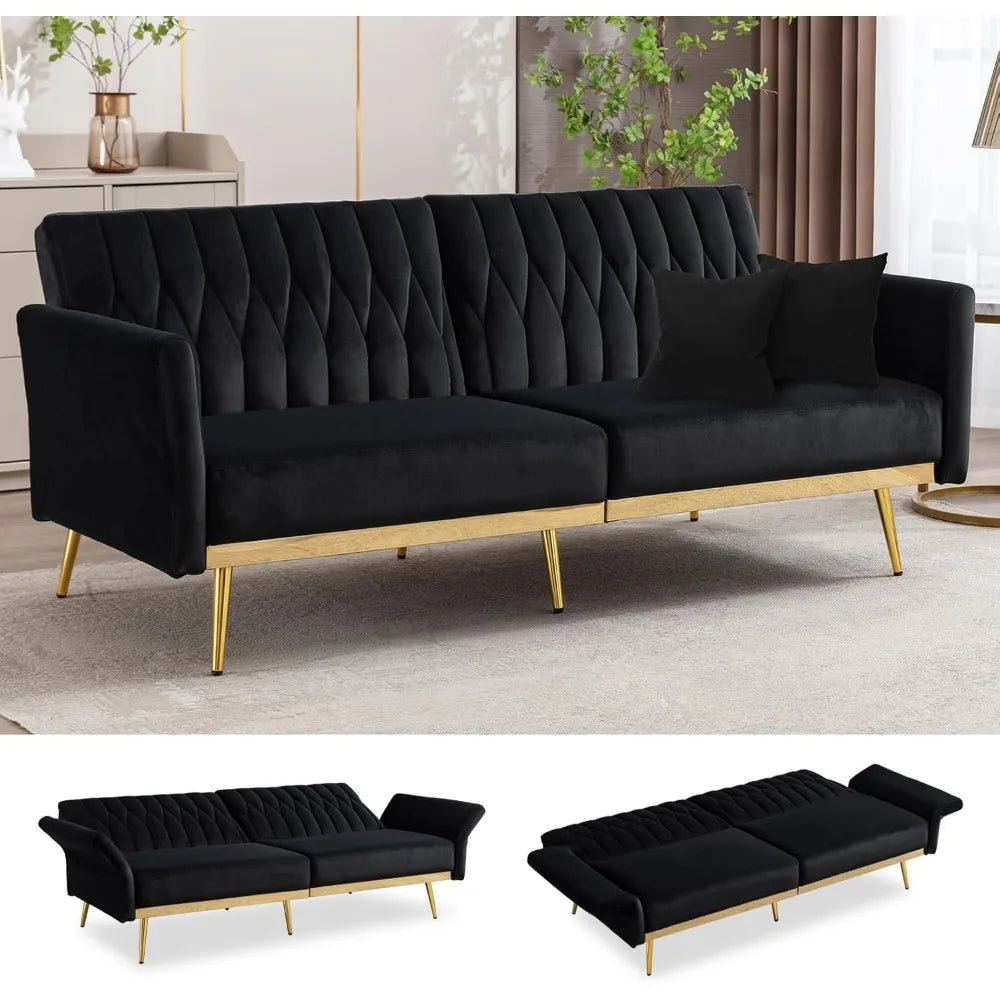 Convertible Futon Sofa Bed with Golden Legs, 70" Tufted Velvet Couch with Adjustable Armrests& Backrest, Sleeper Sofas, Sofa Bed