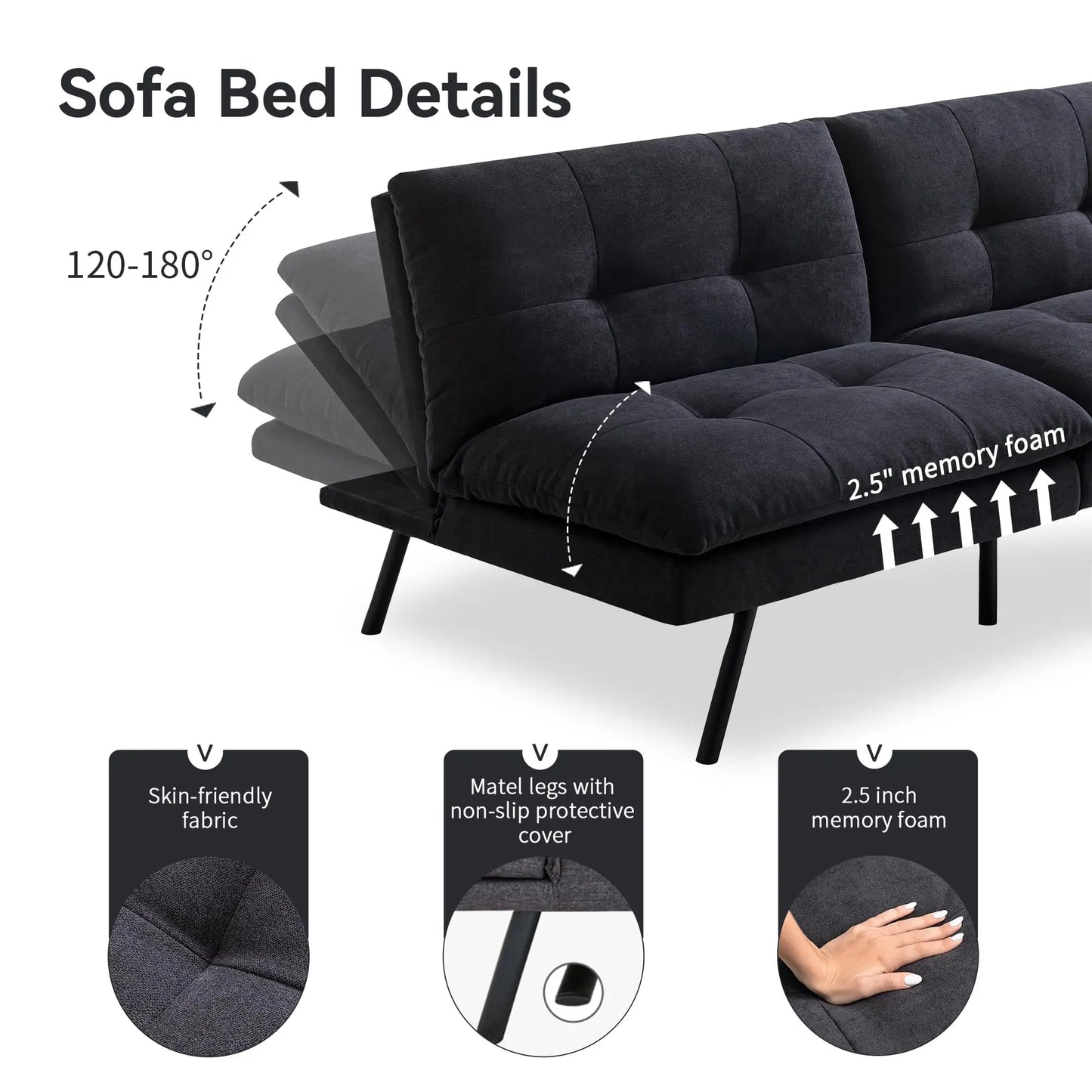 Hcore 1  PC Futon Sofa Bed, Futon Couch Memory Foam Futon Bed,Black Sleeper Sofa Loveseat Convertible Couch for Small Spaces