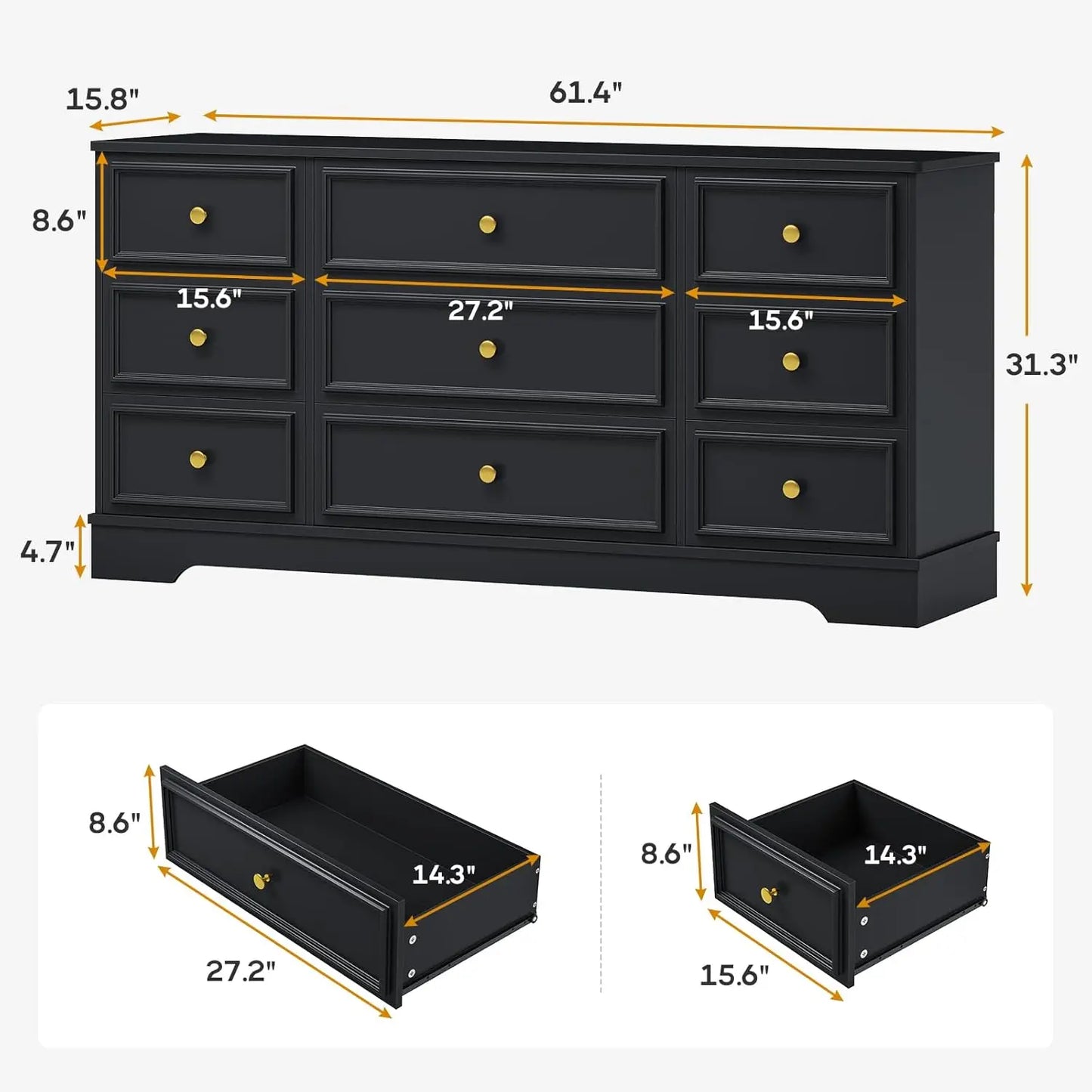 Hasuit Large Dresser With 9 Drawers For Bedroom, 61.4'' Long Modern Chest Of Drawers, Black Wide Dressers Clothes Closet,