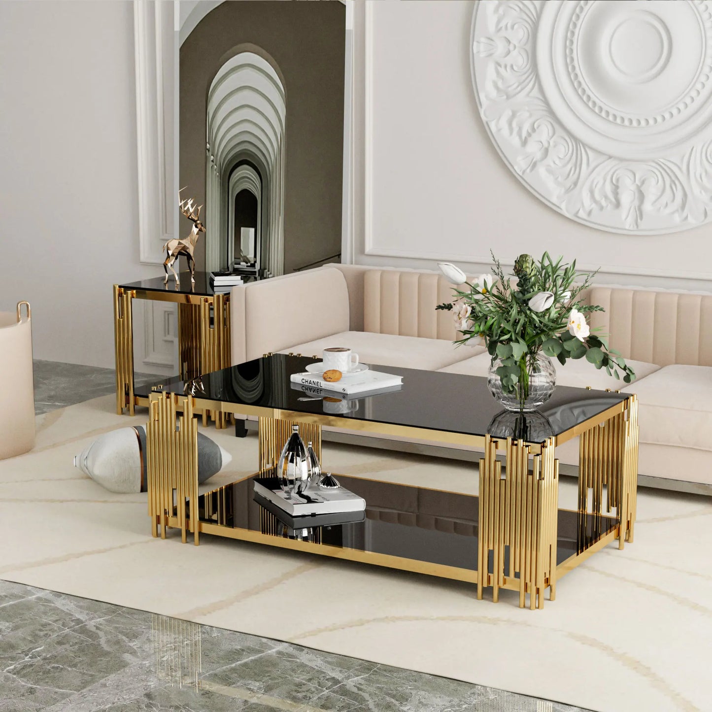 Stainless Steel Rectangle Glass Coffee Table for Living Room 51.18" Modern Center Table with Black Tempered Glass 8mm Gold Leg