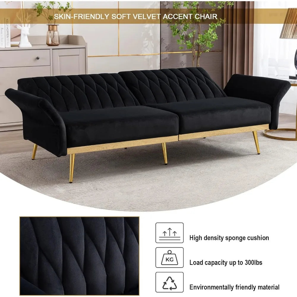 Convertible Futon Sofa Bed with Golden Legs, 70" Tufted Velvet Couch with Adjustable Armrests& Backrest, Sleeper Sofas, Sofa Bed