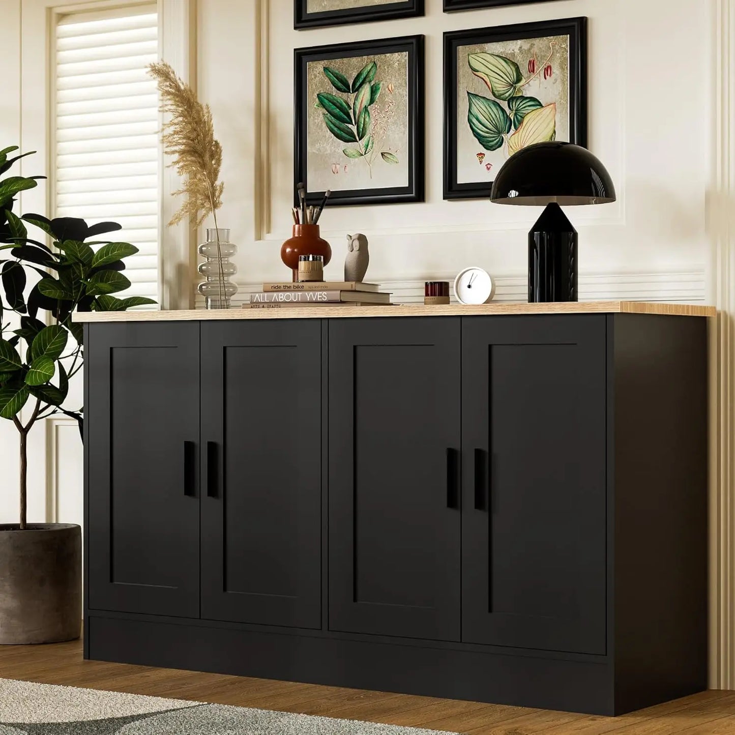 53.1“W Black 4 Door Buffet Cabinet Coffee Bar Cabinet with Adjustable Shelf Kitchen Buffet Sideboard for Living Room Kitchen