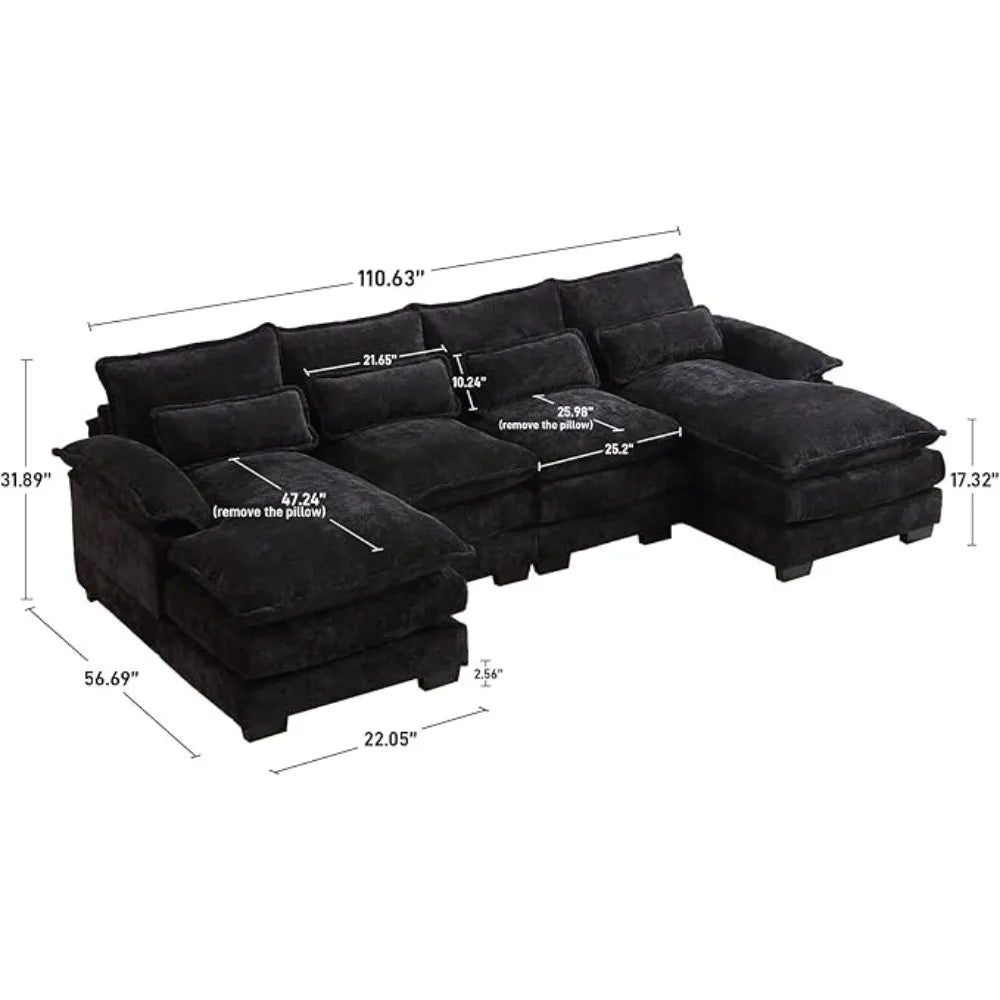 110" U Shape Sectional Cloud Couch,Modern Chenille Comfy Modular Sofa, 4 Seat Sleeper,Double Chaise,Black Living Room Sofas