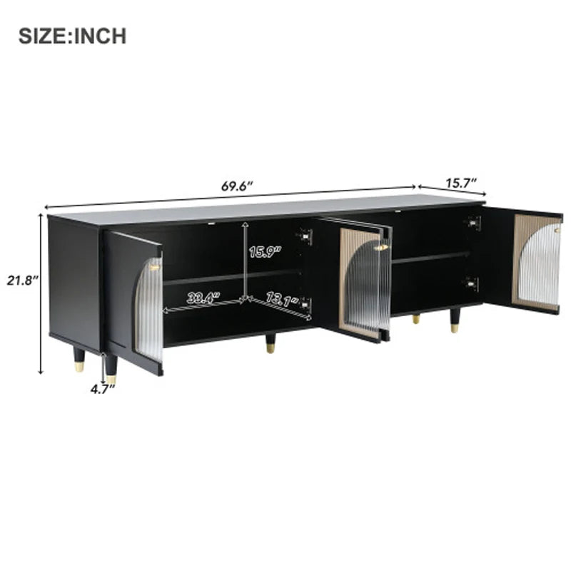 ON-TREND Contemporary TV Stand with Adjustable Shelves for TVs Up to 78'', Stylish Media Console with Gold Handles, Black