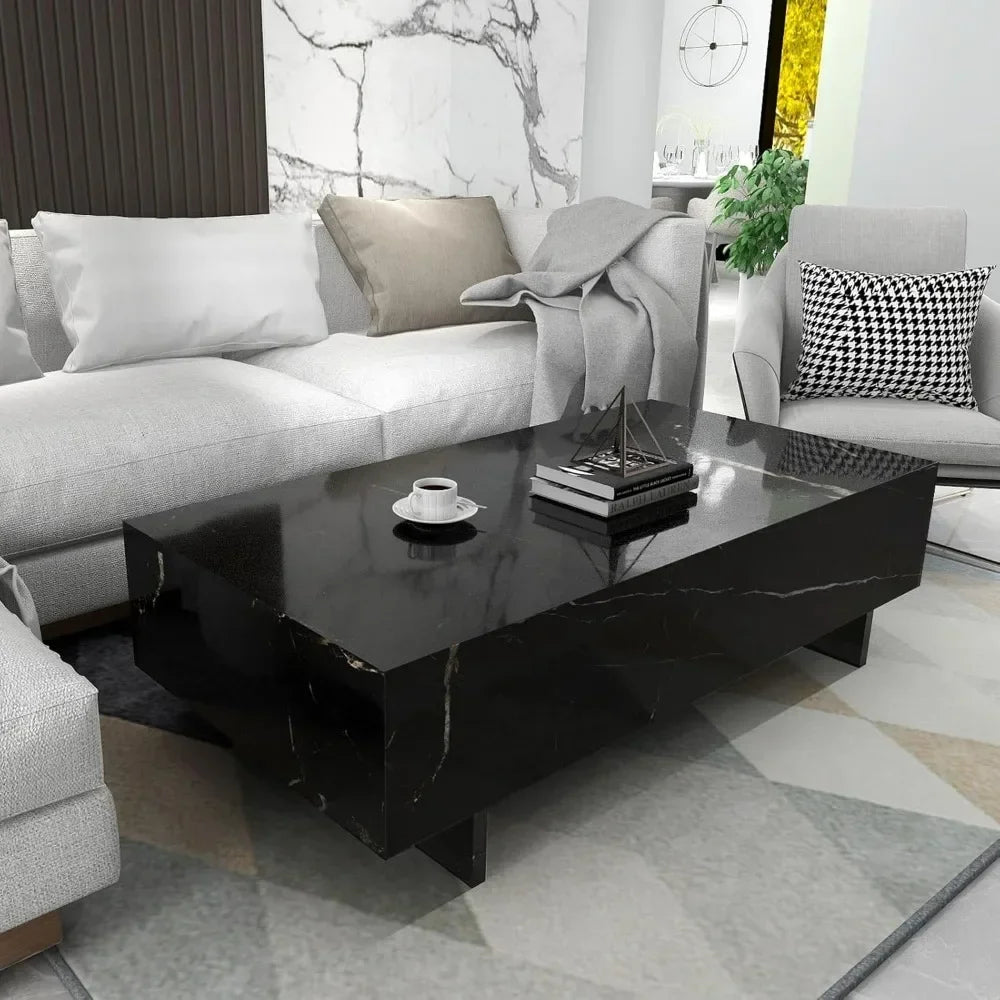 Marble rectangular living room coffee table, black modern side table, modern high gloss elegant waiting area central table