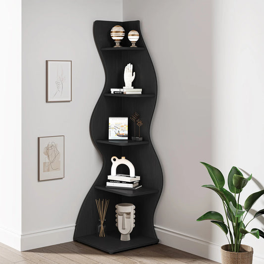 Tribesigns Corner Shelf, Modern 5-Tier Wall Corner Bookshelf, Corner Bookcase for Small Spaces (Black, 1PC)