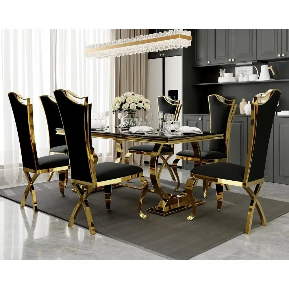 Luxury Dining Table Set, 72 Inch U-Base Modern Dining Room Table with 6 Black Velvet Upholstered Dining Room Chairs, Dinning Set