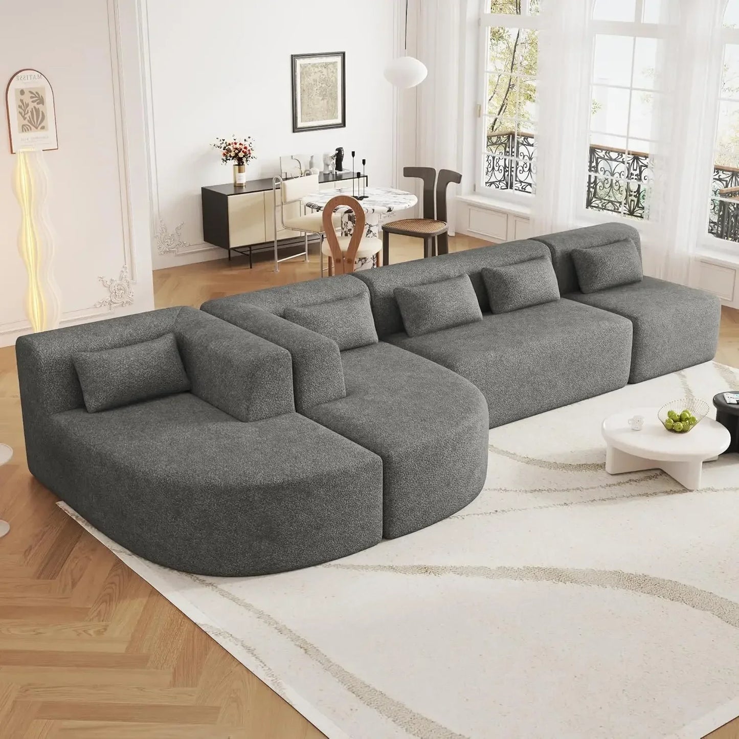 Combination Sofa, 4 Combination Sofa Beds, Modern Fabric Cushioned Sofa with 2 Lounge Chairs and 5 Backrest Pillows