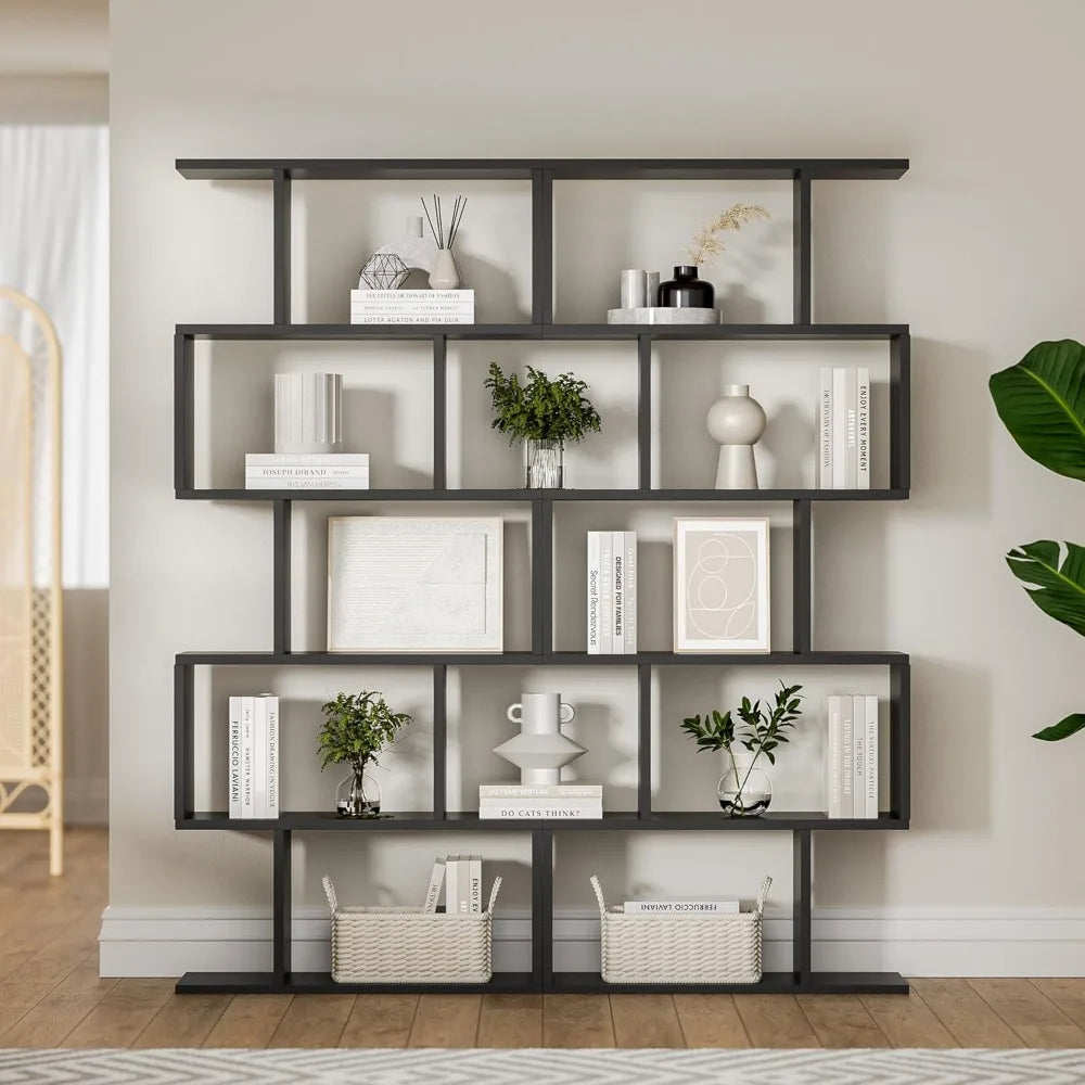 Black 5-Tier Geometric Bookcase, S-Shaped Modern Bookshelf Set of 2, 62.6" Tall Room Divider Book Shelf