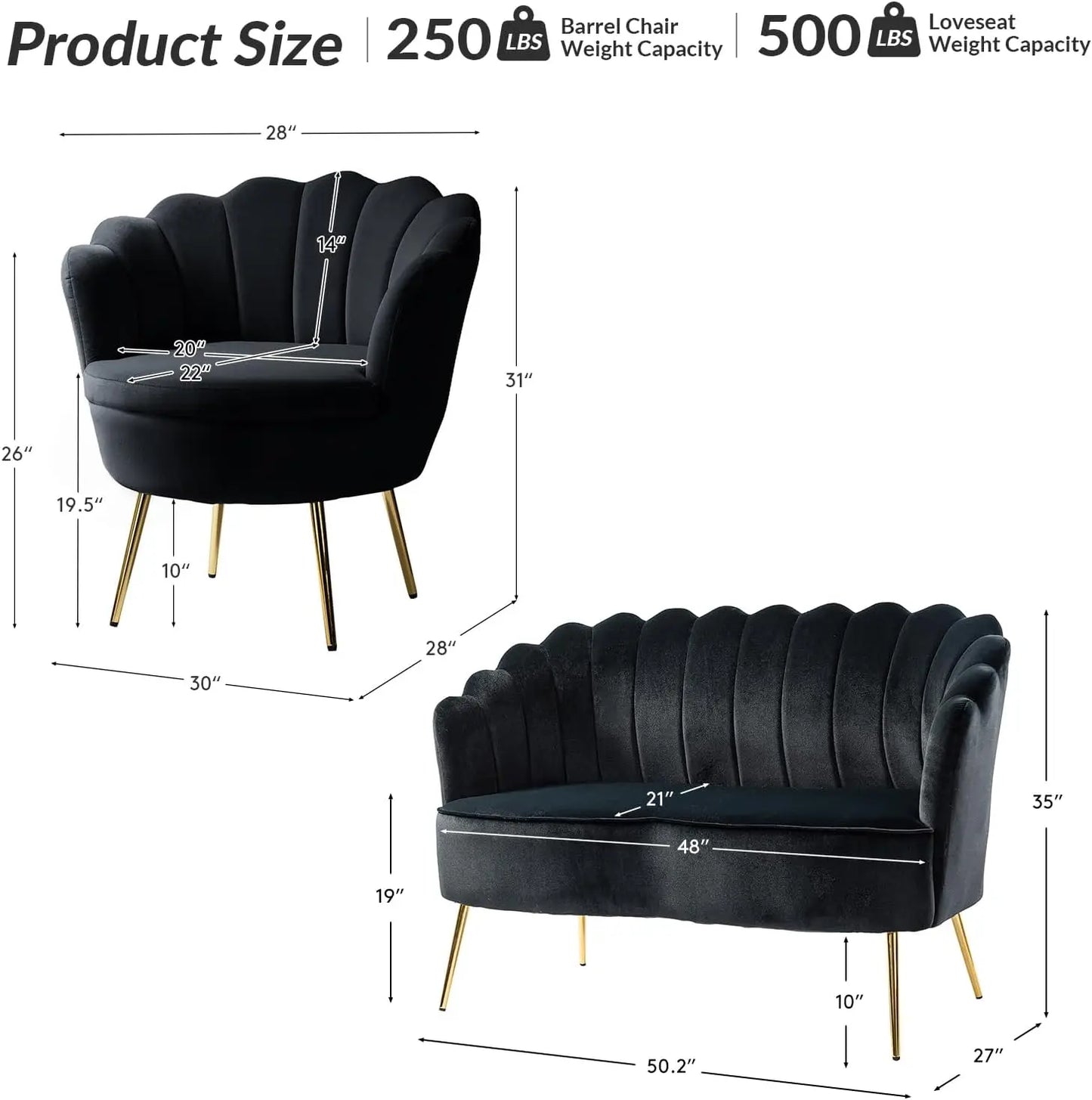 3-Piece Velvet Living Room Furniture Set Including Loveseat & 2 Sofa Chairs Modern Comfy Upholstered 2-Seater Sofa Black