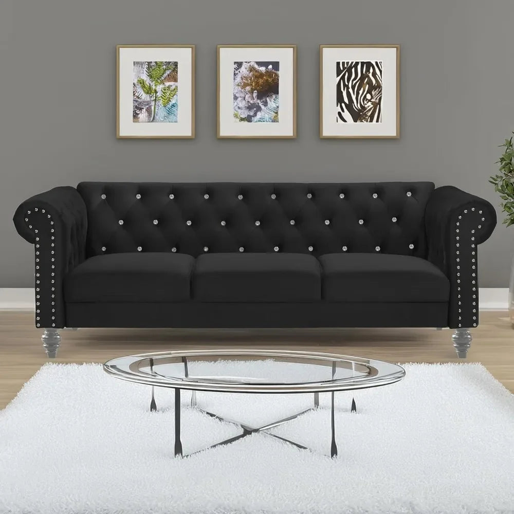 Velvet Three Seater Chesterfield Style Sofa for Small Spaces with Crystal Button Tufts, Black