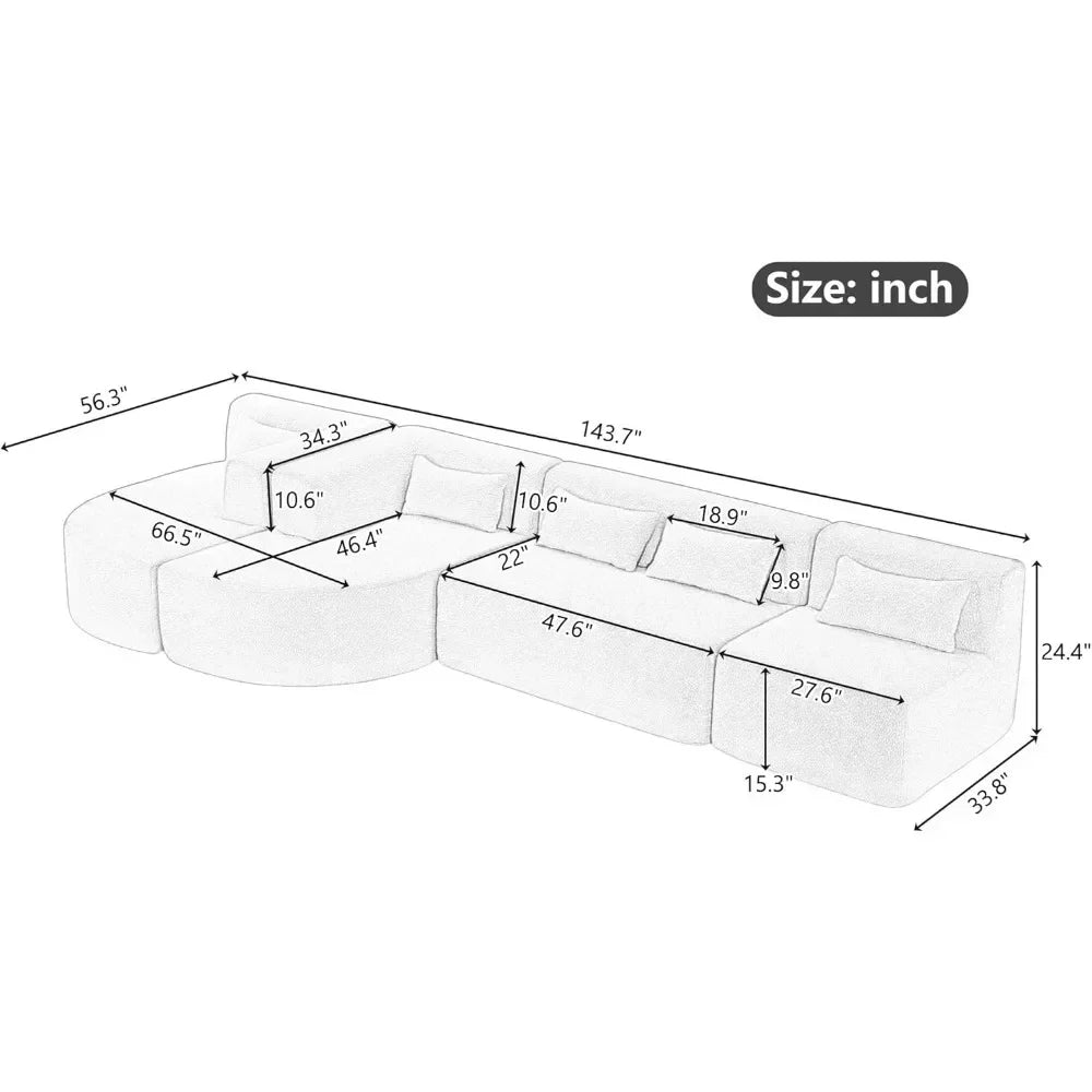 Combination Sofa, 4 Combination Sofa Beds, Modern Fabric Cushioned Sofa with 2 Lounge Chairs and 5 Backrest Pillows