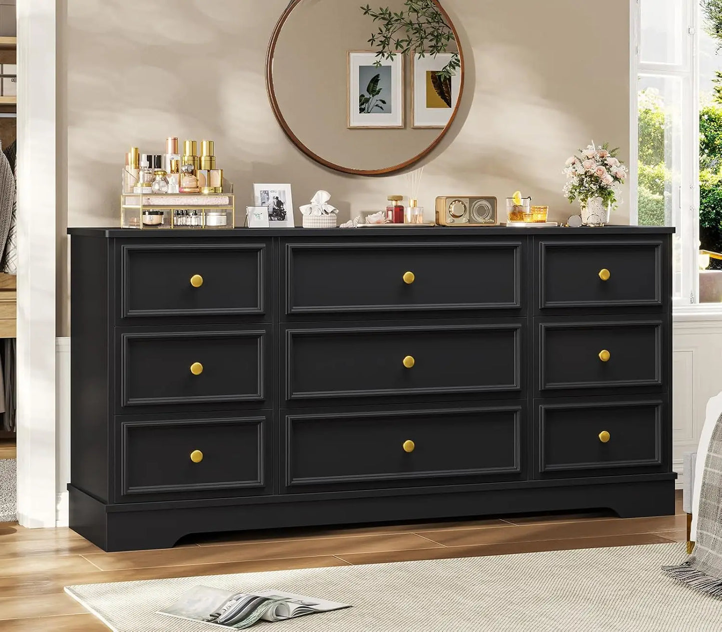 Hasuit Large Dresser With 9 Drawers For Bedroom, 61.4'' Long Modern Chest Of Drawers, Black Wide Dressers Clothes Closet,