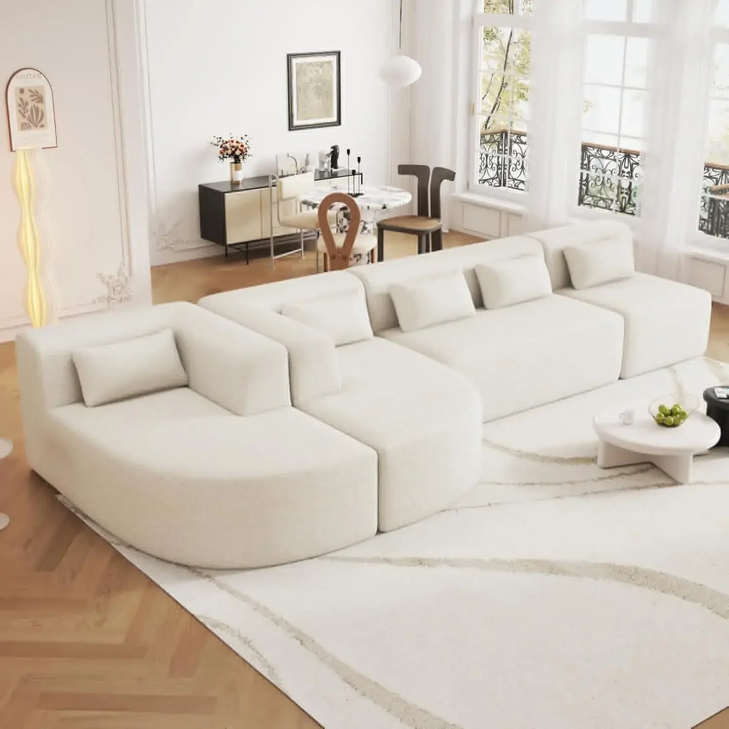 Combination Sofa, 4 Combination Sofa Beds, Modern Fabric Cushioned Sofa with 2 Lounge Chairs and 5 Backrest Pillows