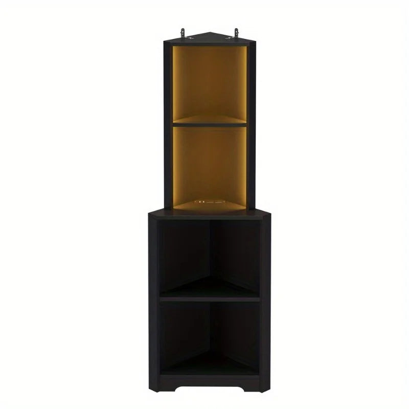 4 Tier Corner Bar Open Bookshelf Bookcase with LED Light Modern Power Outlet