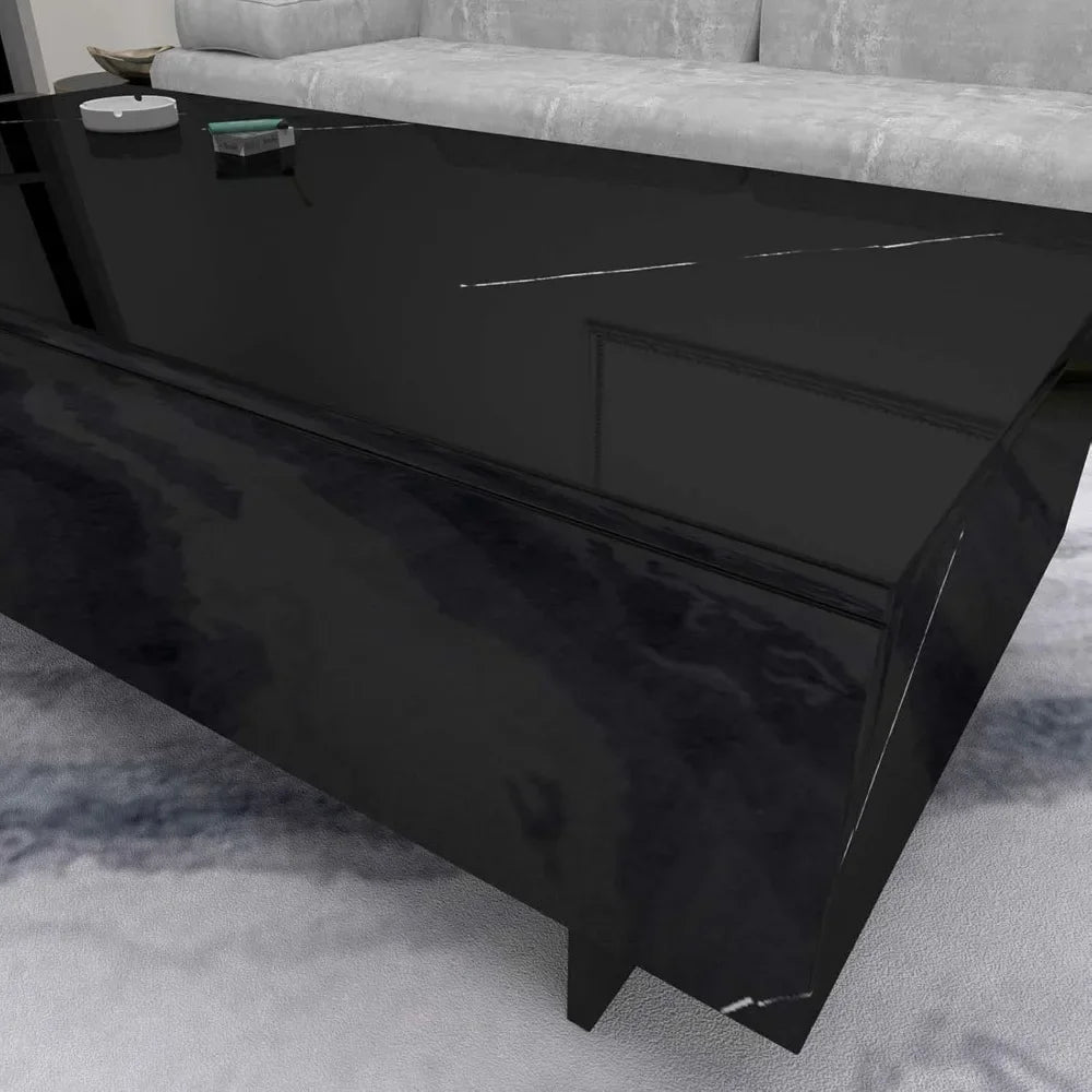 Marble rectangular living room coffee table, black modern side table, modern high gloss elegant waiting area central table