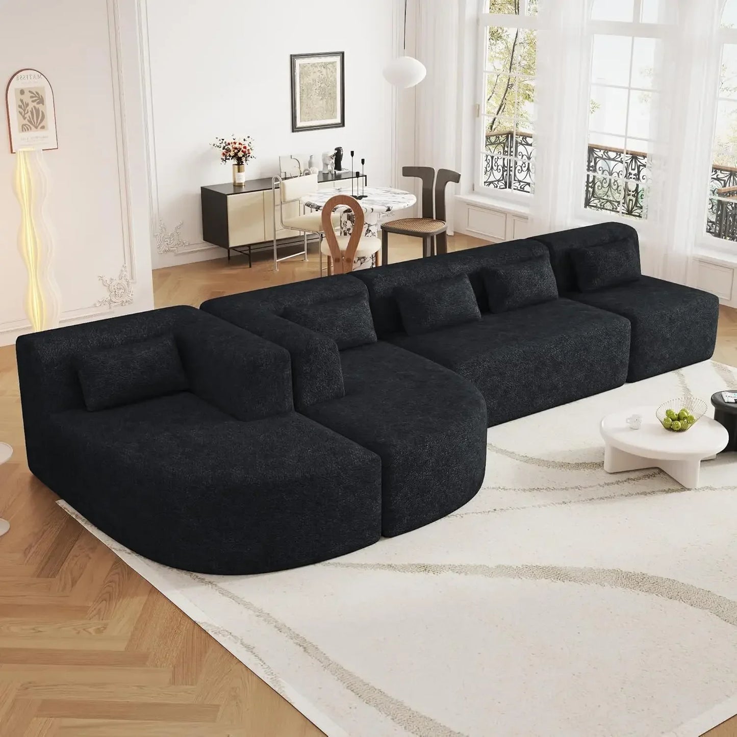 Combination Sofa, 4 Combination Sofa Beds, Modern Fabric Cushioned Sofa with 2 Lounge Chairs and 5 Backrest Pillows