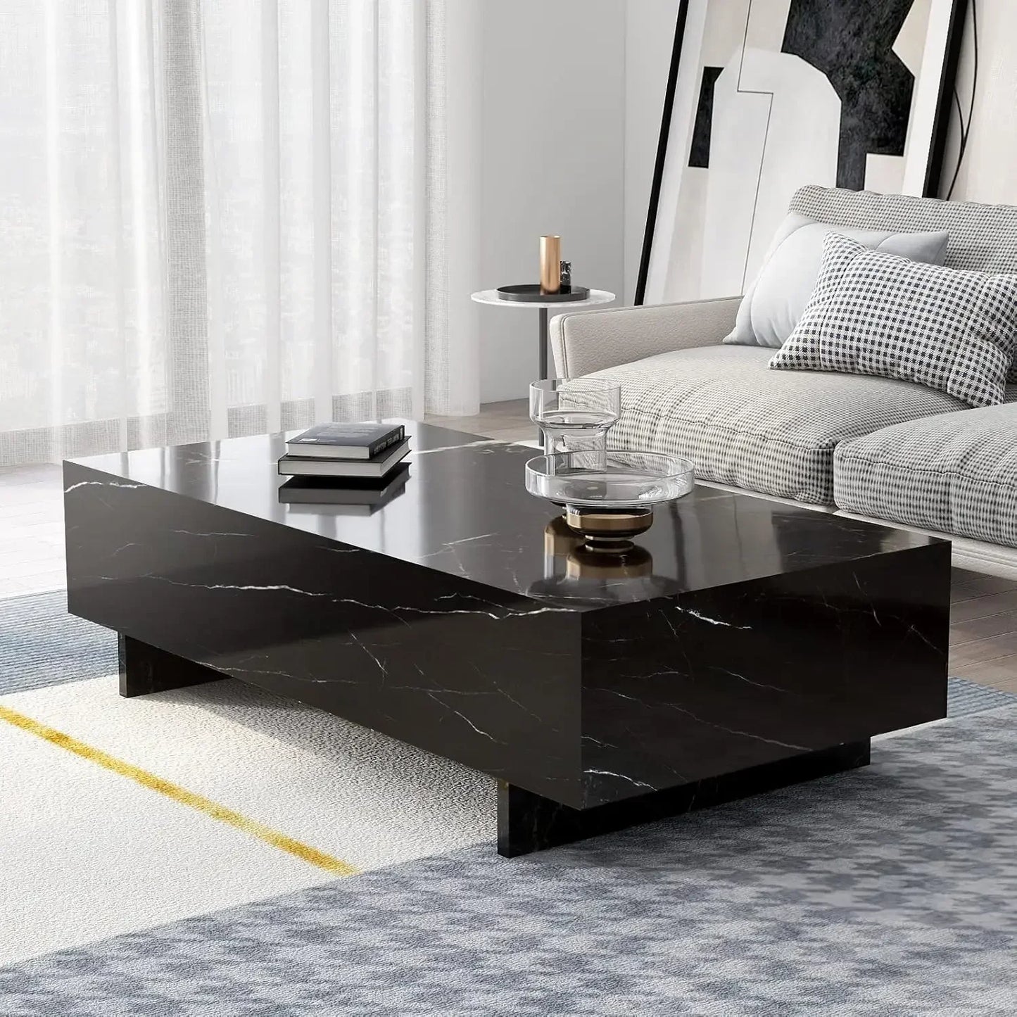 Marble rectangular living room coffee table, black modern side table, modern high gloss elegant waiting area central table