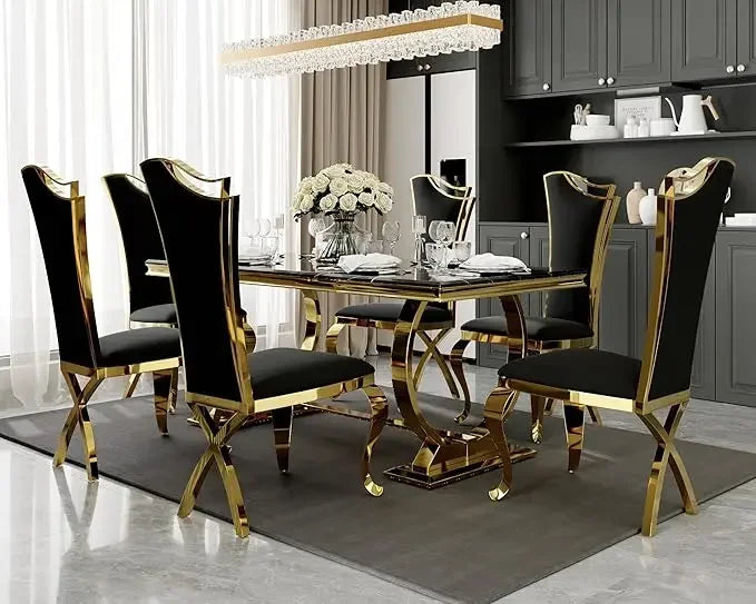 Luxury Dining Table Set, 72 Inch U-Base Modern Dining Room Table with 6 Black Velvet Upholstered Dining Room Chairs, Dinning Set