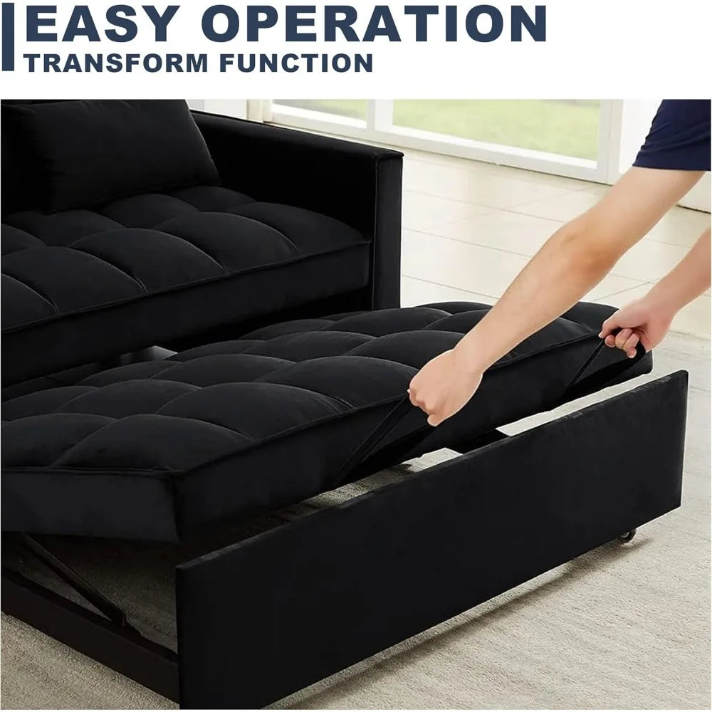 Loveseat Sleeper with Pillows 3-in-1 Pull Out Couch with Adjustable Backrest, Velvet Day Bed with Storage Pockets, Black