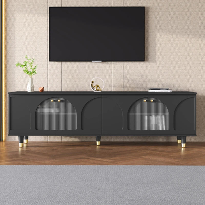 ON-TREND Contemporary TV Stand with Adjustable Shelves for TVs Up to 78'', Stylish Media Console with Gold Handles, Black