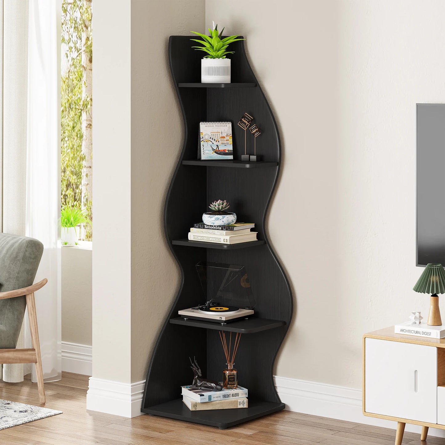 Tribesigns Corner Shelf, Modern 5-Tier Wall Corner Bookshelf, Corner Bookcase for Small Spaces (Black, 1PC)