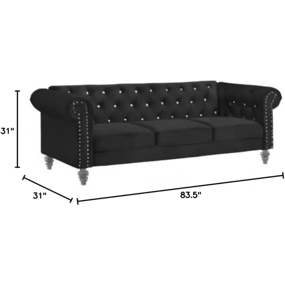 Velvet Three Seater Chesterfield Style Sofa for Small Spaces with Crystal Button Tufts, Black