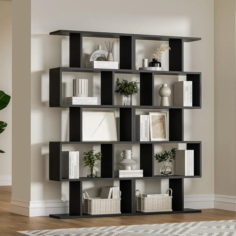 Black 5-Tier Geometric Bookcase, S-Shaped Modern Bookshelf Set of 2, 62.6" Tall Room Divider Book Shelf