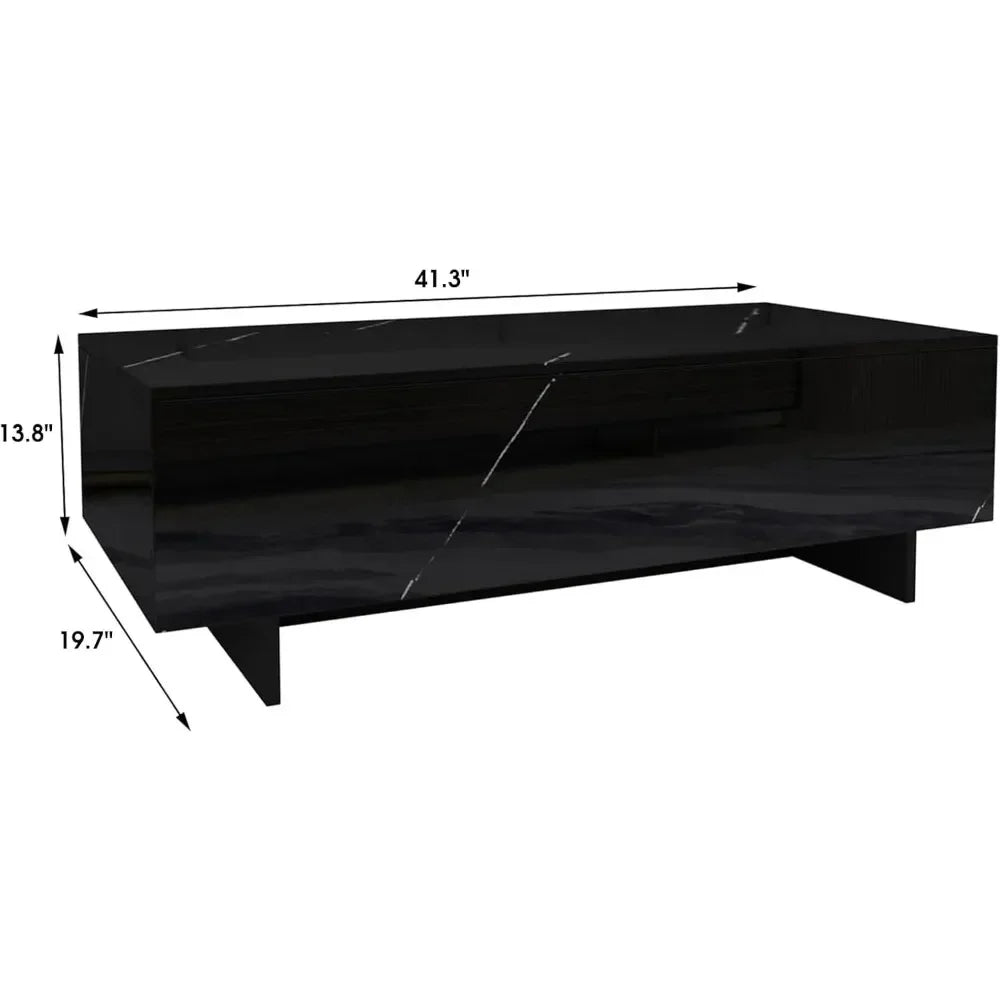 Marble rectangular living room coffee table, black modern side table, modern high gloss elegant waiting area central table